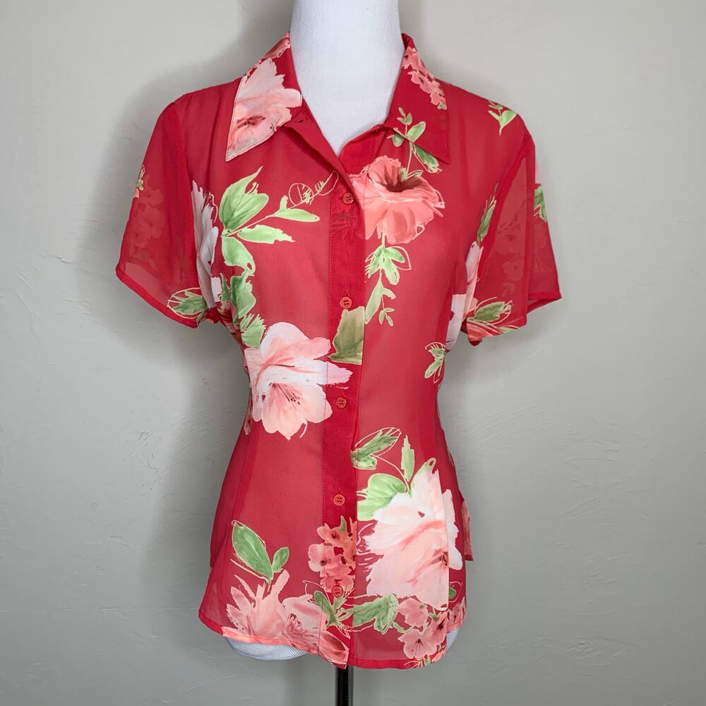 Emma James Sheer Coral Pink Floral Blouse Sz 12